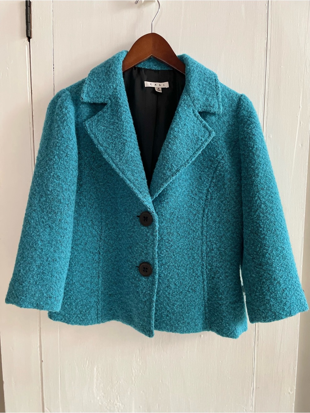 CAbi Turquoise-Colored Bouclé Wool Blend Cropped 3/4 Sleeve 2-Button Blazer 6
